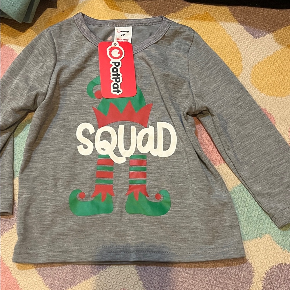 PatPat Gray and Green Elf Squad Long Sleeve Tee 2Y new